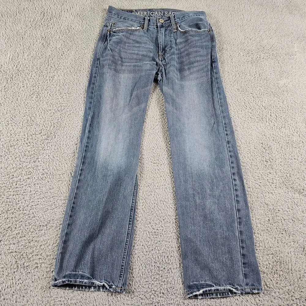 American Eagle Jeans Mens 30x28 Relaxed Straight Distressed Whiskering Faded